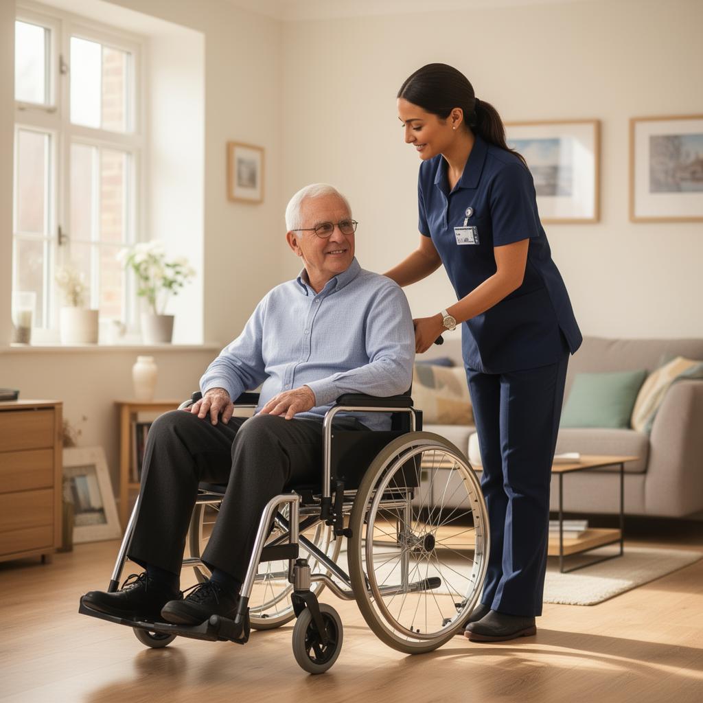 Carer assisting a younger adult using a wheelchair in a modern home