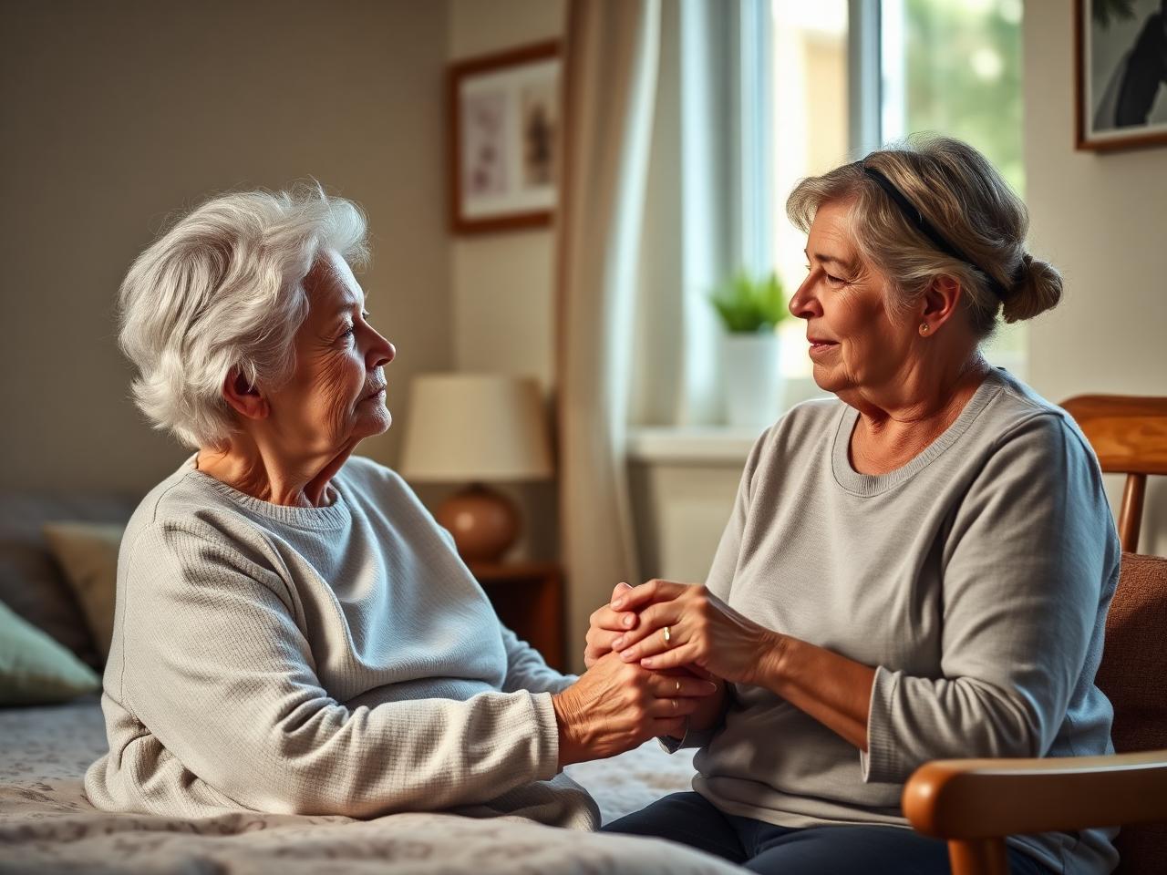 Compassionate carer sitting beside a patient in a peaceful home bedroom