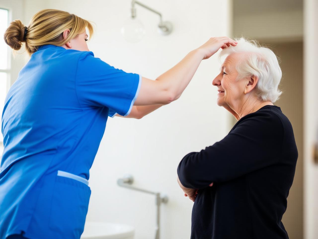 Carer helping an elderly woman with morning personal care